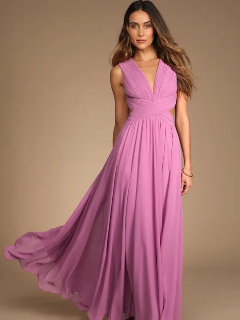 Lulu's Mauve Pink V-Neck Ruched Maxi Dress